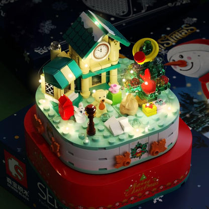 Christmas Gift Snowman Rotating Music Box DIY Music Light House Assembly Building Blocks Toy Gift