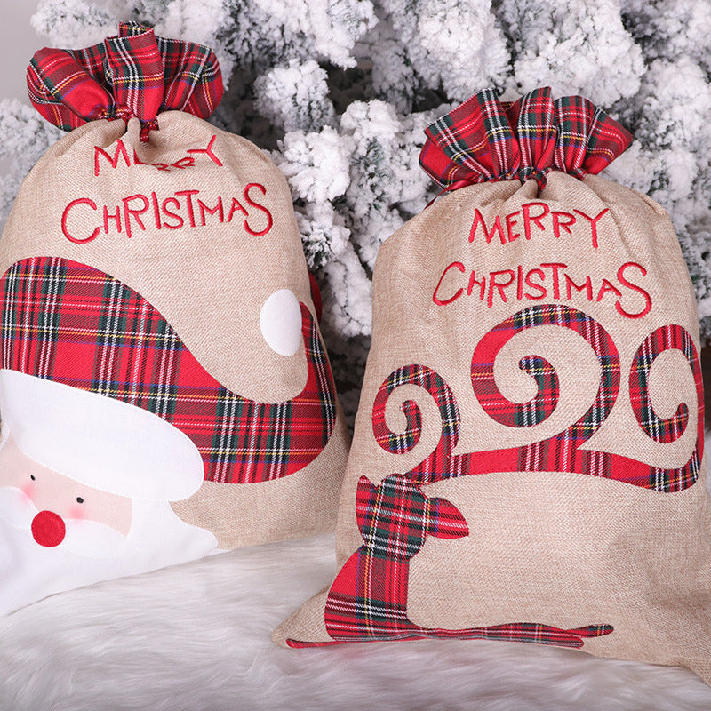 Santa Claus Little Deer Christmas Linen Gift Bag Drawstring Ribbon Candy Bag Christmas Decorative Apple Bag