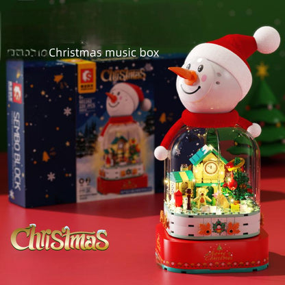 Christmas Gift Snowman Rotating Music Box DIY Music Light House Assembly Building Blocks Toy Gift