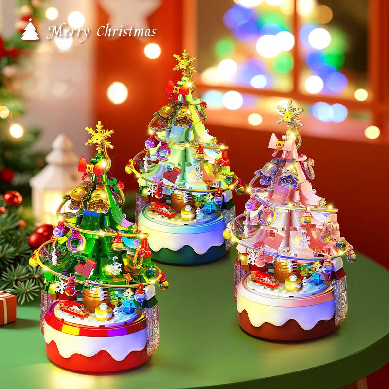 Christmas Tree Rotating Music Box Christmas Ornament Assembly Building Blocks Toys Gift